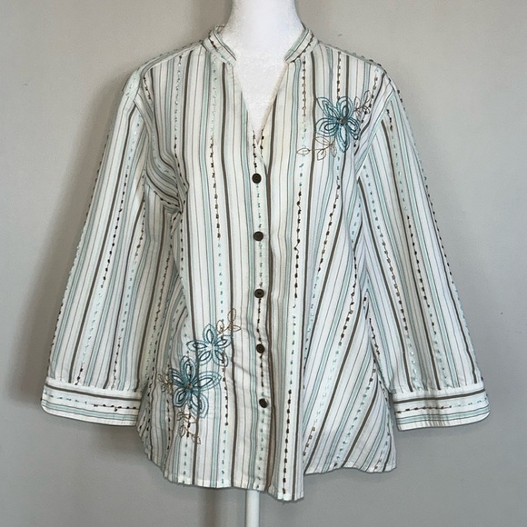 Alfred Dunner Turquoise & Brown Striped Top with Beaded Floral Accents Size 20 - Picture 1 of 8